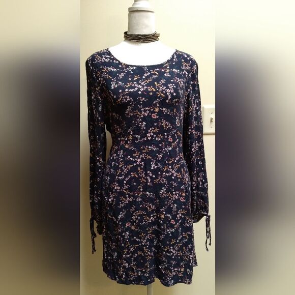 American Eagle Outfitters Navy Blue Floral Babydoll Dress Long Slit Sleeves - Picture 4 of 4